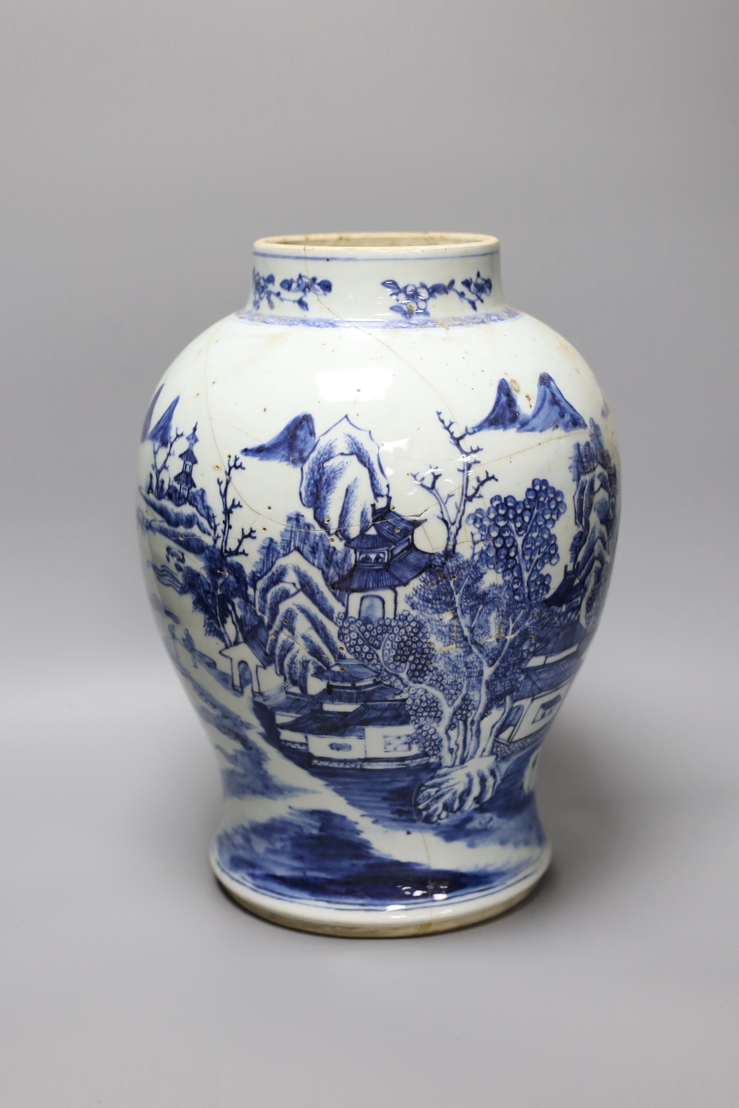 An 18th century Chinese blue and white baluster jar, a.f., height 35cm